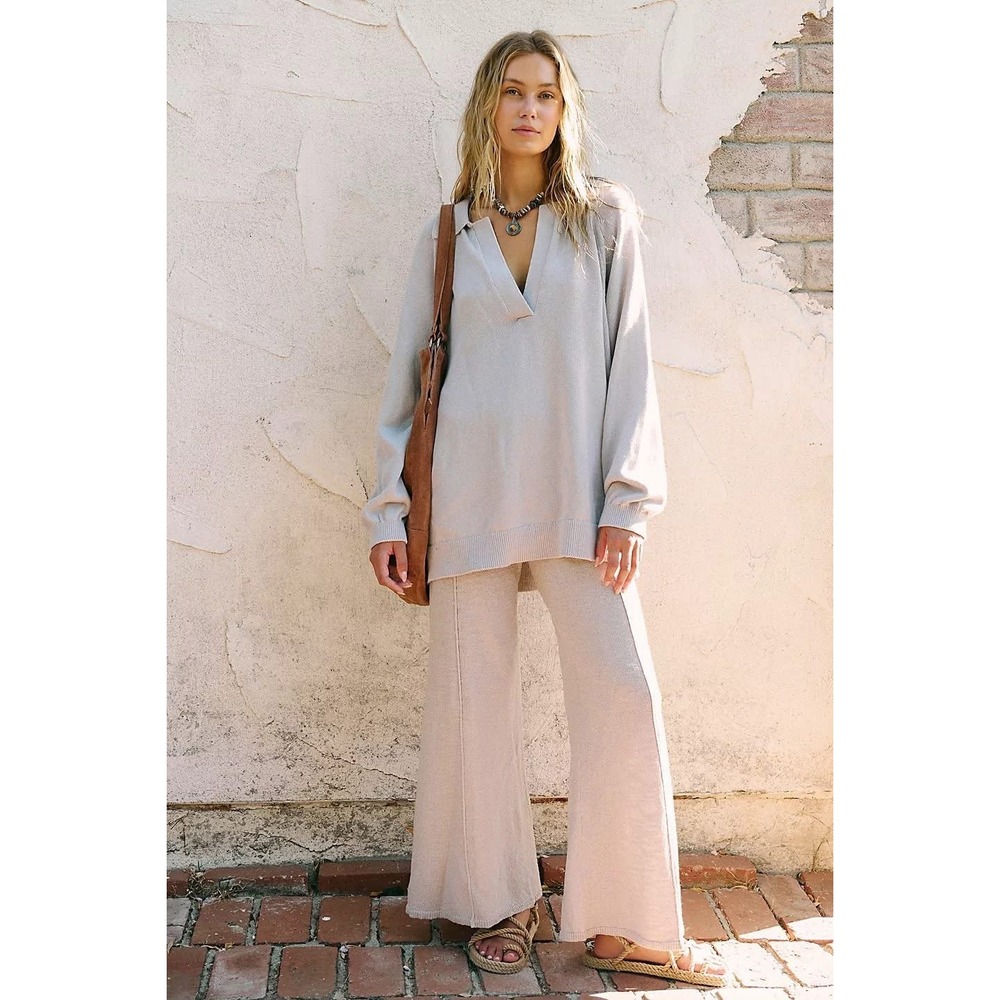 FREE PEOPLE FREE-EST Drea Sweater Women Medium Gray Polo Collar Oversized Cozy - Picture 2 of 15